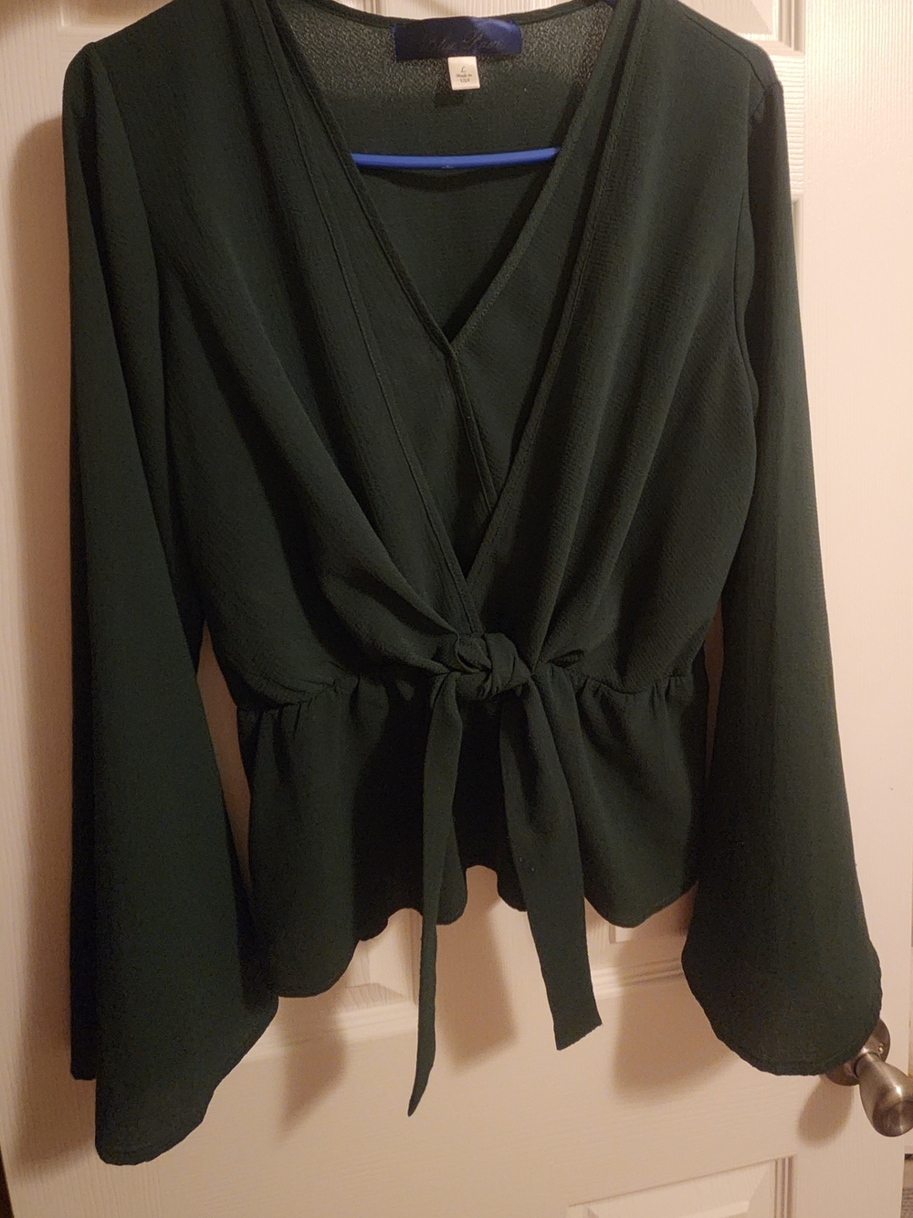 Deep Green V-Neck Tie-Front Blouse - Picture 2 of 3